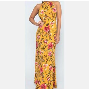 UO SZ S GORGEOUS HALTER STYLE LONG DRESS GOLD W PINK FLORAL PRINT